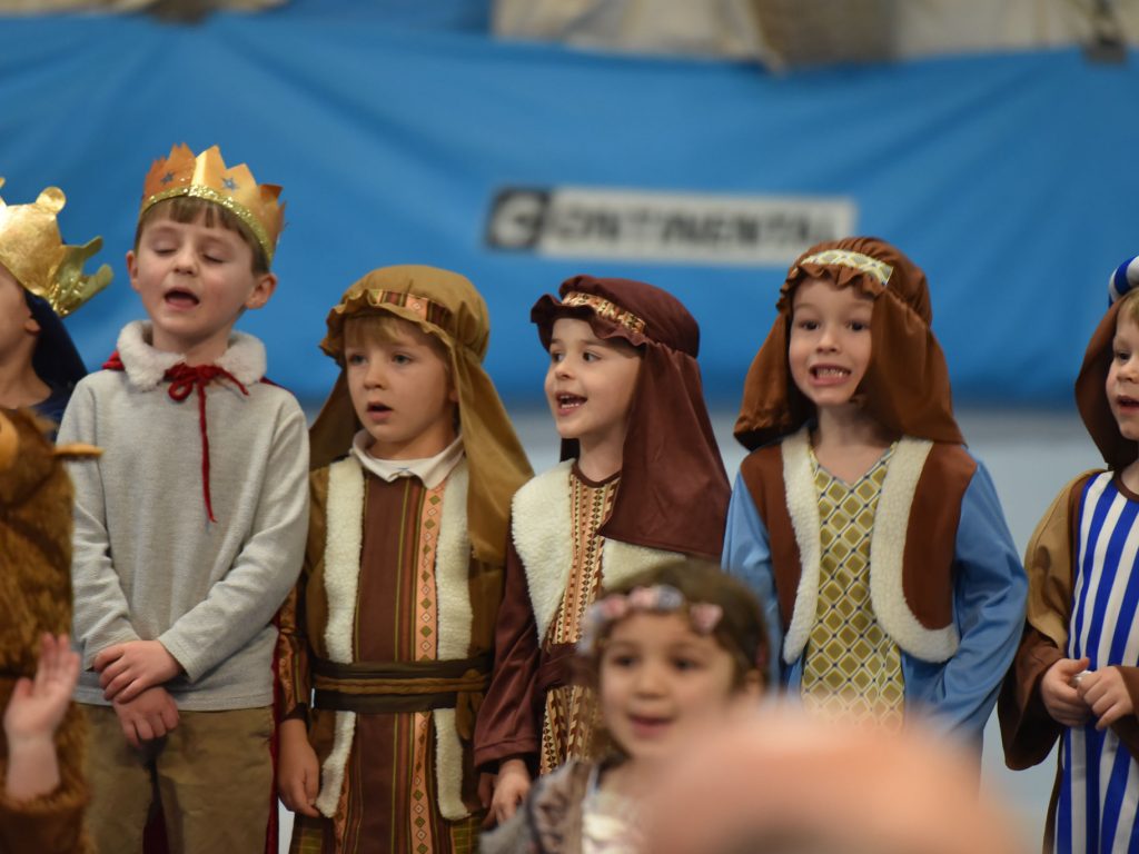 Kids dressed up in Christmas Nativity Play costumes.
