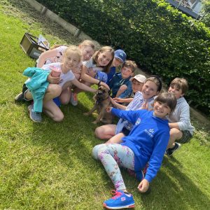 Another image of children stroking a small dog in the field