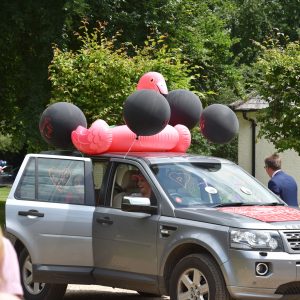 a car with an inflatable swan on its roof